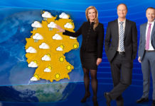 Wettermoderatoren Claudia Kleinert (l.), Sven Plöger (M.) und Karsten Schwanke (r.) Wetterbericht; © ARD/Cumulus