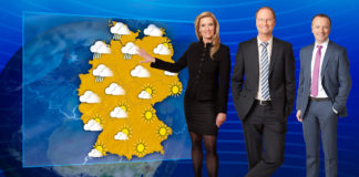 Wettermoderatoren Claudia Kleinert (l.), Sven Plöger (M.) und Karsten Schwanke (r.) Wetterbericht; © ARD/Cumulus