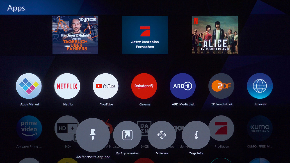 Im App-Menü finden Sie neben Streaming-Anbietern wie Amazon, Netflix und Youtube die EPG- und Bild-in-Bild-Funktionen und Ihre USB-Aufnahmen. Während einige Streaming-Apps wie Disney+ oder Apple TV+ noch fehlen, unterstützt der HZW2004 sämtliche HDR-Formate darunter HDR10+ und Dolby Vision