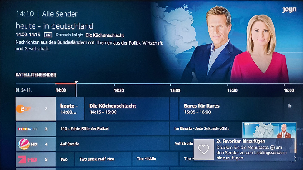 Die Senderliste bietet auch gleichzeitig eine Übersicht zu den aktuell in den Programmen gezeigten Sendungen 