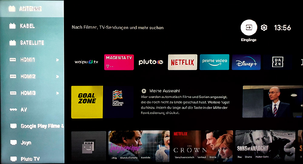Im Anschlussmenü werden nicht nur die physikalische Anschlüsse gelistet, sondern auch Apps die spezielle TV-Funktionen unterstützen