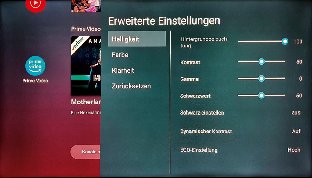 Der Strong-Fernseher lässt bei den Bildeinstellungen indivuelle Möglichkeiten zu, auch fertige Vorkonfigurationen stehen zur Verfügung