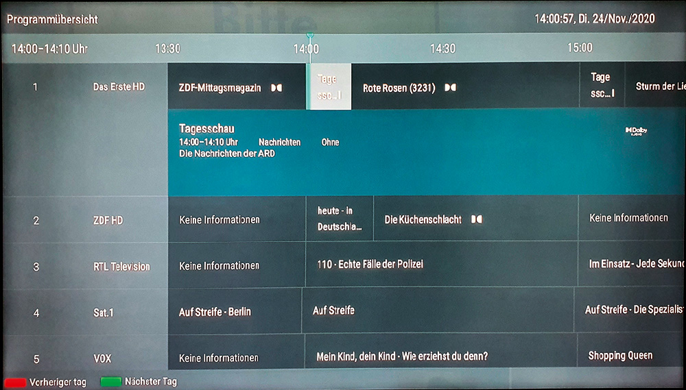 Die EPG-Mehrkanalansicht bietet eine hohe Übersichtlichkeit. Timer lassen sich leider nicht direkt programmieren