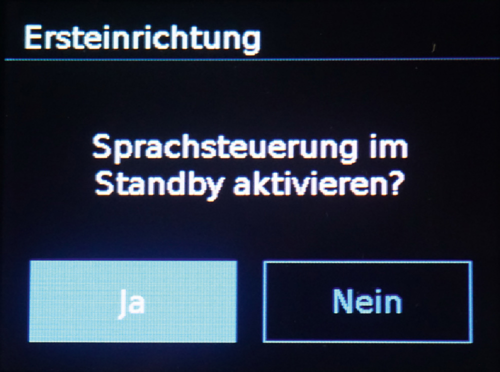 Gleich nach dem erstmaligen Einstecken wird man vom Radio begrüßt und gefragt, ob die Sprachsteuerung auch im Standby aktiv sein soll