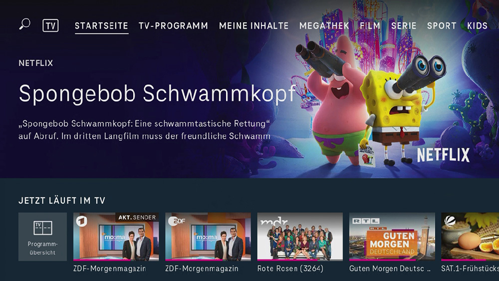 Der MagentaTv Startbildschirm bietet einen Überblick über das aktuell laufende Programm und Empfehlungen aus dem linaren und Abruf-TV