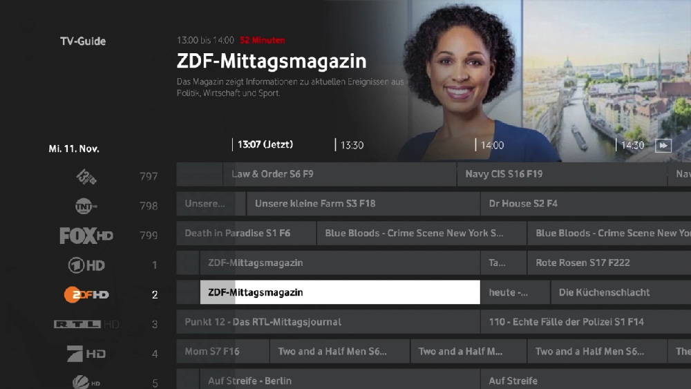 Beim Programmführer setzt Vodafone auf einen schicken Multikanal-EPG. Die Senderlogos erleichtern den Überblick 