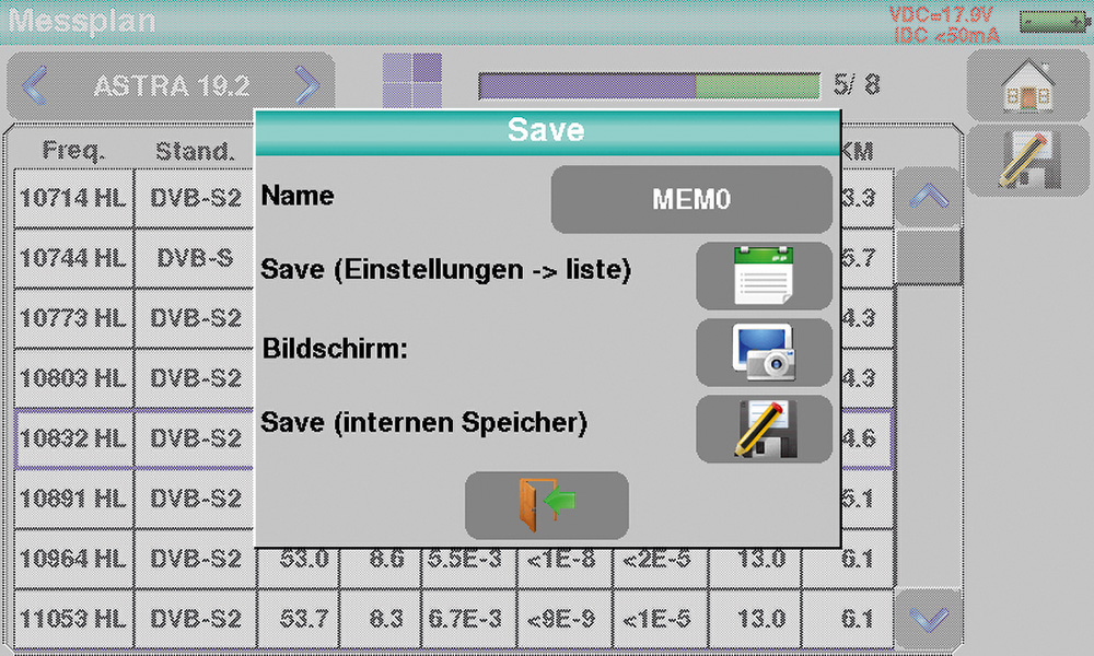 Die ermittelten Messwerte, beispielsweise vom Frequenzplan, können im Gerät auch auf externen Datenträgern gespeichert werden