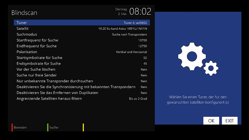 Auch wenn das Blindscan-Menü zur Verfügung steht, ist es mit dem integrierten Combo-Tuner nicht möglich, Sat-Signale auf diese Weise aufzuspüren