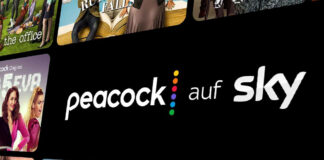 Peacock nicht mehr bei Sky , sondern bei Netflix - im Bild: Logos von Sky und Peacock