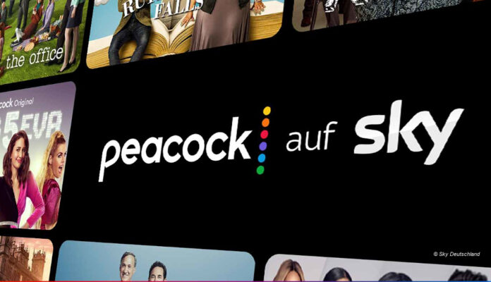 Peacock nicht mehr bei Sky , sondern bei Netflix - im Bild: Logos von Sky und Peacock