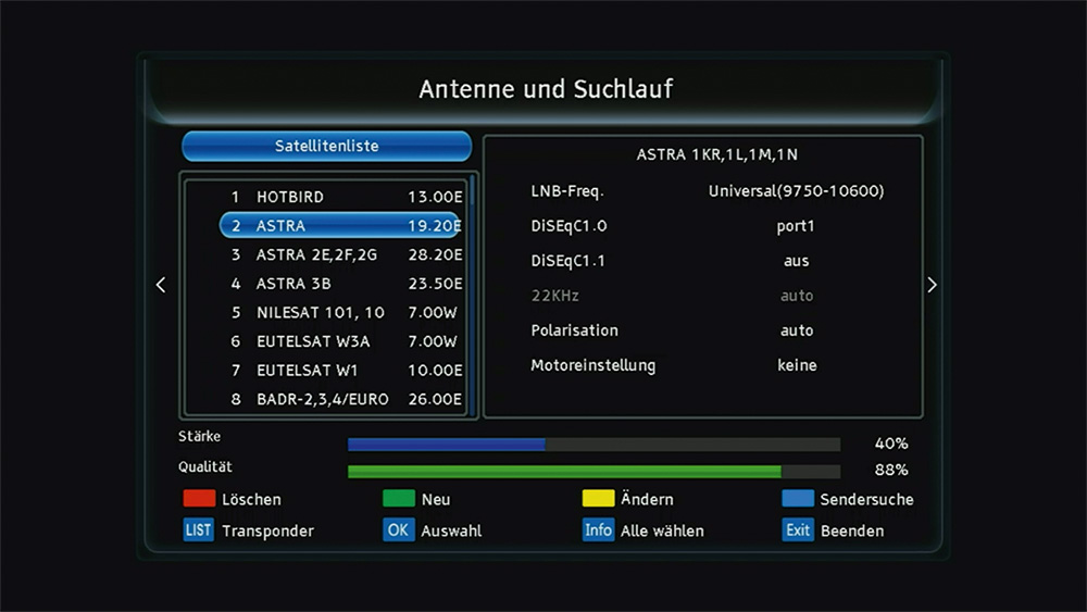 61 C- und Ku-Band-Satelliten sind im Receiver bereits vorinstalliert. Dieser lässt sich zudem auf zahlreiche LNB-Typen anpassen