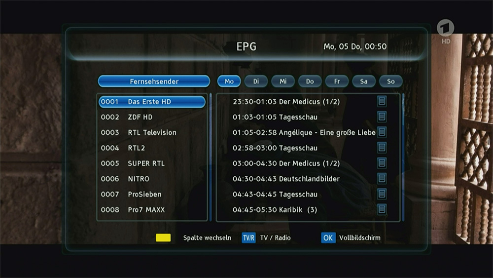 Der Xoro HRS 8920 IP bietet nur einen Einzelkanal-EPG. Dieser hat den Vorteil der besseren Übersichtlichkeit