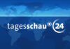 Logo Tagesschau24 blau mit Weltkarten-Hintergrund