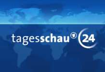 Logo Tagesschau24 blau mit Weltkarten-Hintergrund