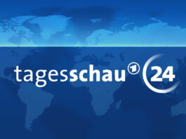 Logo Tagesschau24 blau mit Weltkarten-Hintergrund
