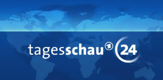 Logo Tagesschau24 blau mit Weltkarten-Hintergrund