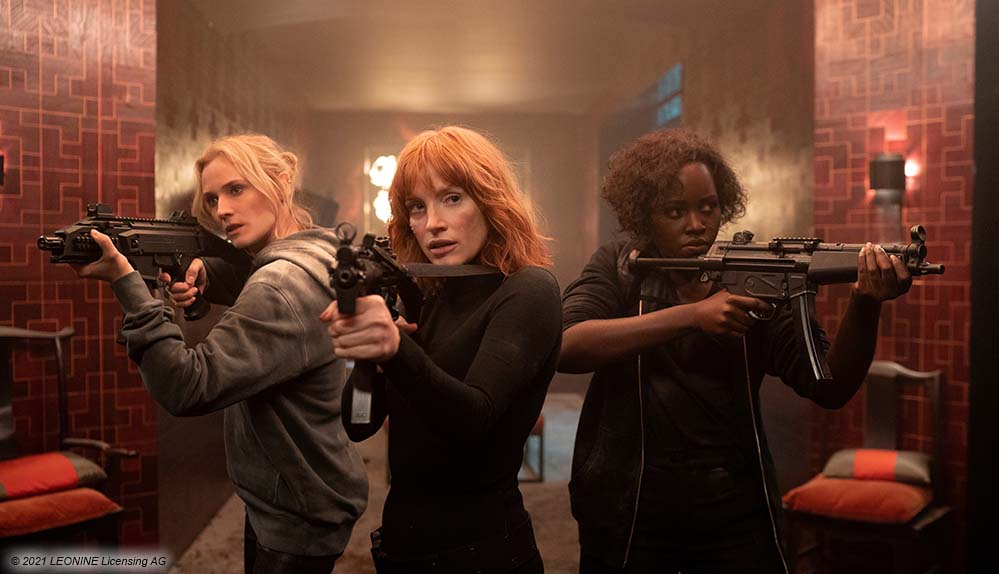 Sky: Marie (Diane Kruger), Mason “Mace” Brown (Jessica Chastain) and Khadijah (Lupita Nyong'o) in The 355, co-written and directed by Simon Kinberg ab