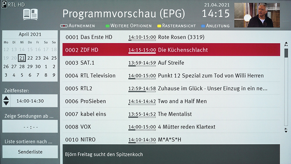 Im EPG ist je nach Sender eine Programmvorschau von 2 bis 4 Wochen abrufbar. Inhalte lassen sich per ­täglicher oder wöchentlicher Aufzeichnung speichern