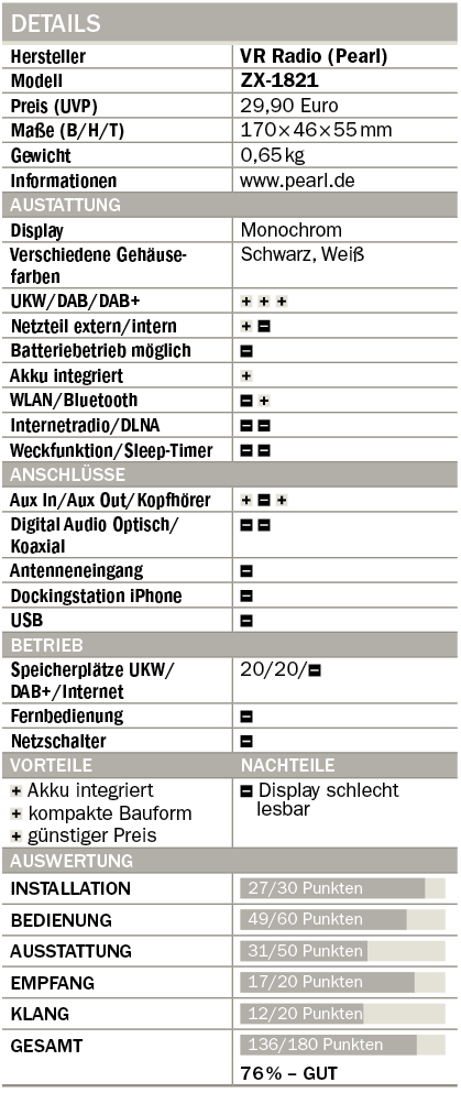 Test VR-Radio ZX-1821 DAB-Radio Tabelle