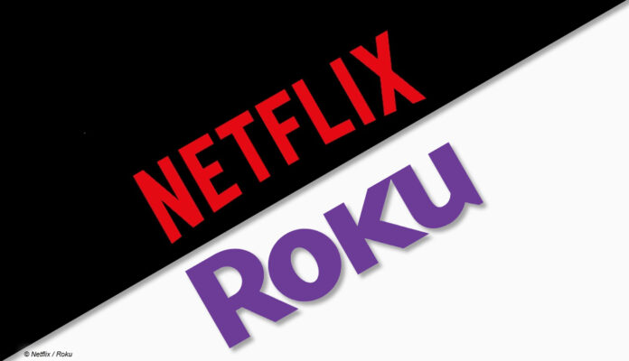 Netflix-Logo auf schwarzem Hintergrund, Roku-Logo auf weißem Hintergrund