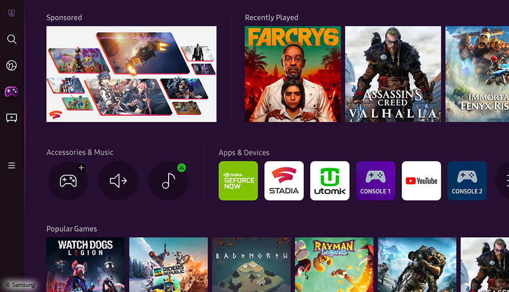 Samsung Gaming Hub mit Stadia, GeForce Now und Xbox Game Pass.