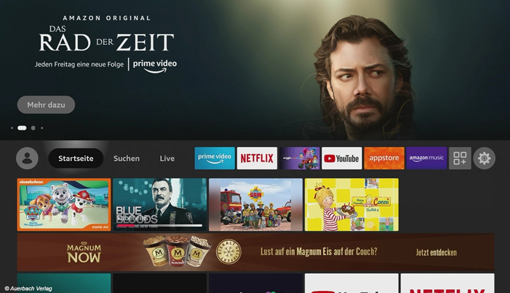 Der Startbildschirm beim Fire TV 4K Max übermittelt Empfehlungen, präsentiert aber auch die meist genutzten Apps prominent in der oberen Hälfte