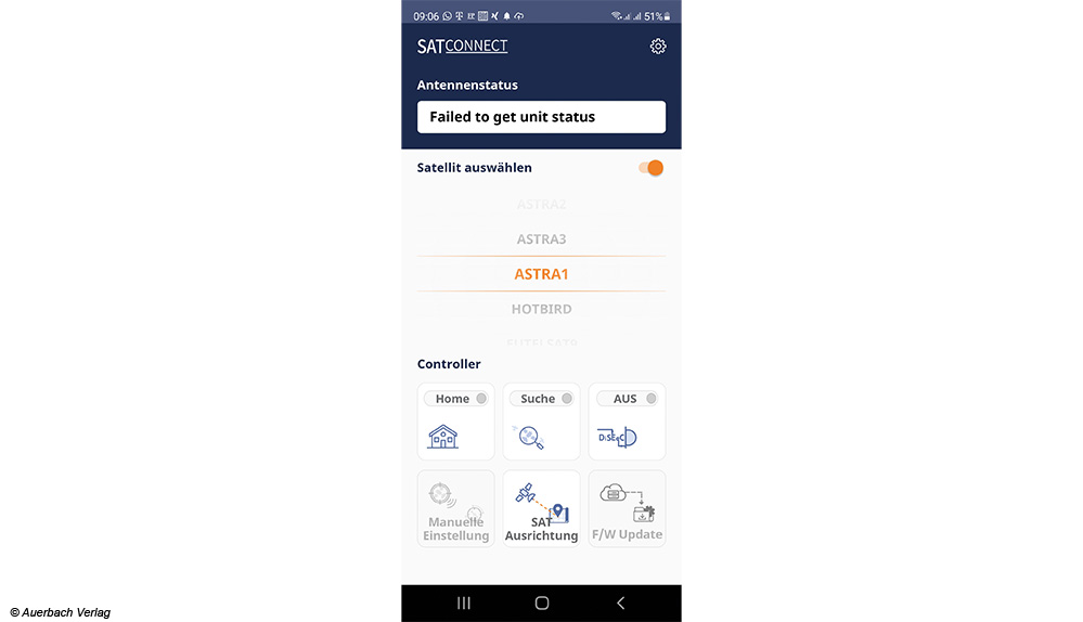 In der App-Mitte wird der gewünschte Satellit ausgewählt, den die Antenne selbtständig anjustiert