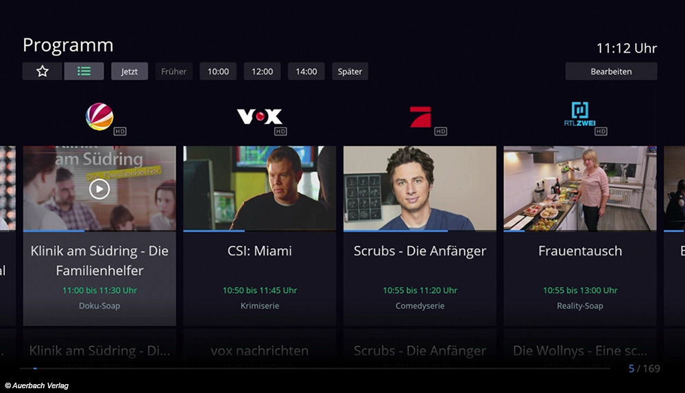 Vier Sender gleichzeitig werden im EPG angezeigt. Die Besonderheit: Das TV-Bild läuft mit und der Nutzer bekommt somit einen noch besseren Überblick