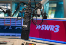 Mikrofon vor Bildschirm mit SWR3 Logo