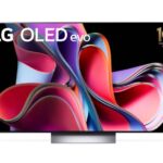 Die neuen OLED TV-Modelle von LG, ein Fernseher vor weißem Hintergrund, der bunte Grafiken zeigt