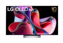 Die neuen OLED TV-Modelle von LG, ein Fernseher vor weißem Hintergrund, der bunte Grafiken zeigt