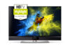 Metz Lunis 42 OLED TV mit Test Siegel vom HDTV Magazin. Ein farbenfroher Papagei ist auf dem sonst schwarzen Bildschirm zu sehen.