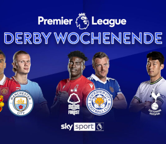 Fußballer und Logo des Derby Wochenende