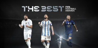 Karim Benzema, Lionel Messi und Kylian Mbappe vor schwarzem Hintergrund. Schriftzug zur Wahl des Weltfußballers 2022 ist oben zu sehen.