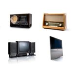 100 Jahre Loewe TV-Geräte und Radios unterschiedlicher Generationen auf weißem hintergrund
