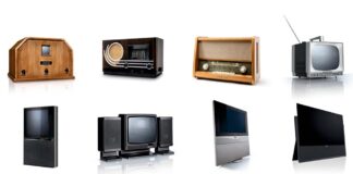100 Jahre Loewe TV-Geräte und Radios unterschiedlicher Generationen auf weißem hintergrund