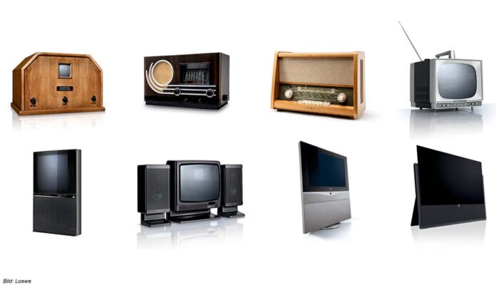 100 Jahre Loewe TV-Geräte und Radios unterschiedlicher Generationen auf weißem hintergrund
