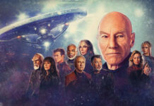 Star Trek Picard Staffel 3 Jean-Luc Picard, William Riker, Geordi LaForge, Michael Dorn, Gates McFadden gezeichnet, im Hintergrund ein Raumschiff