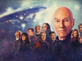 Star Trek Picard Staffel 3 Jean-Luc Picard, William Riker, Geordi LaForge, Michael Dorn, Gates McFadden gezeichnet, im Hintergrund ein Raumschiff