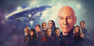 Star Trek Picard Staffel 3 Jean-Luc Picard, William Riker, Geordi LaForge, Michael Dorn, Gates McFadden gezeichnet, im Hintergrund ein Raumschiff