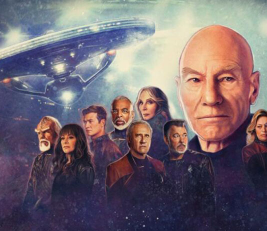 Star Trek Picard Staffel 3 Jean-Luc Picard, William Riker, Geordi LaForge, Michael Dorn, Gates McFadden gezeichnet, im Hintergrund ein Raumschiff