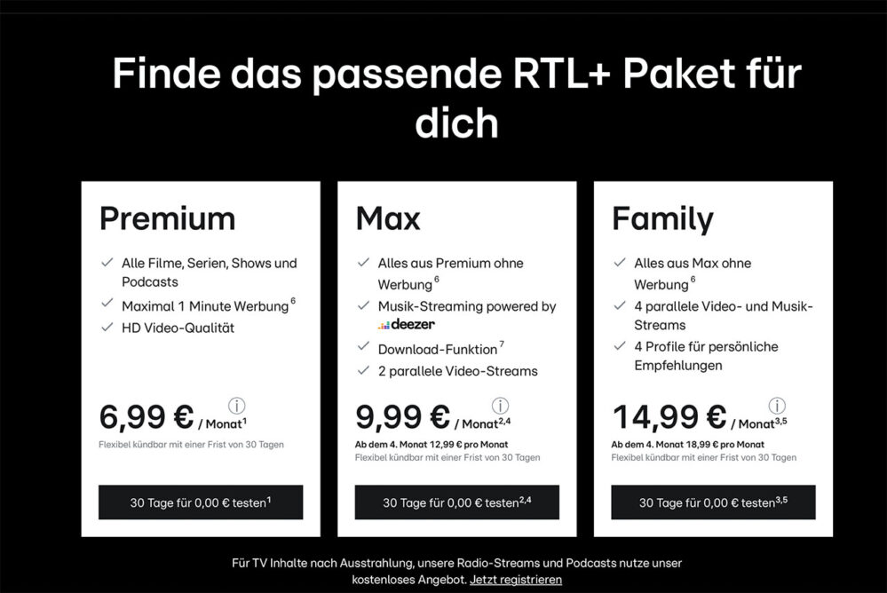 Die RTL+ Tarife Max und Family sind reduziert. Für Premium gibt es kein Rabatt.