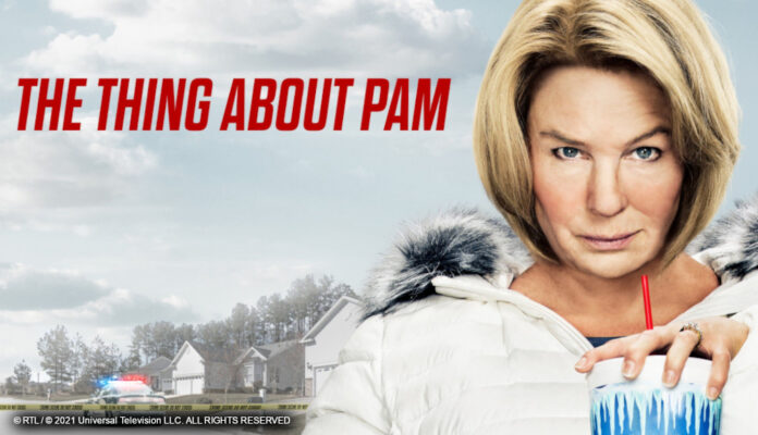 Renée Zellweger und "The THing About Pam"-Schriftzug