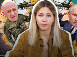 Masha, im Hintergrund Putin und Brigoschin