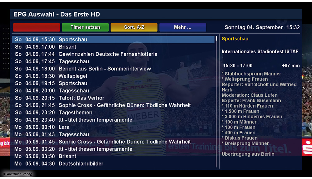 Aus dem Einzelkanal-EPG heraus lassen sich Aufnahmen leicht über die grüne Farbtaste programmieren, Vor- und Nachlaufzeit sind vorab einstellbar