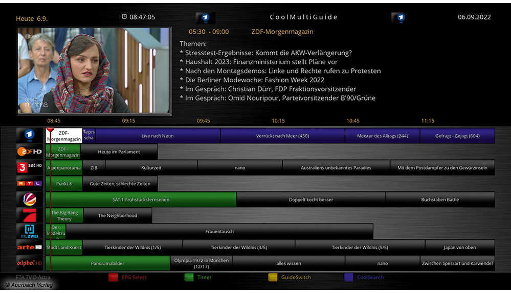 Der graphische EPG gibt einen Ausblick, was aktuell jetzt und in den nächsten Stunden auf dem aktuellen und acht umherliegenden Sendern läuft