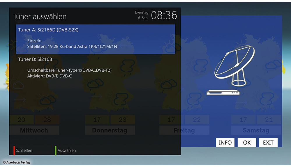 Die beiden Tuner lassen sich wie von OpenATV gewohnt uneingeschränkt individuell konfigurieren, zusätzlich lassen sich zwei SAT-IP-Tuner integrieren