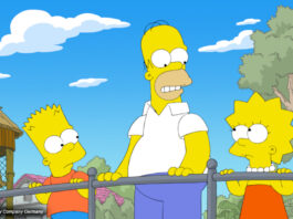 Homer, Lisa und Bart Simpson auf einer Brücke