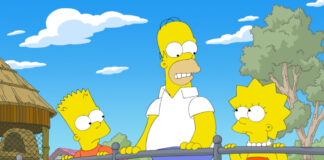 Homer, Lisa und Bart Simpson auf einer Brücke