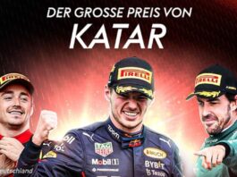 Max Verstappen und zwei weitere Formel 1 Piloten auf dem Sky Poster für den GP von Katar